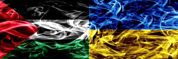 Palestine Ukraine Ukrainian Smoke Flags Placed Side Side Thick Colored — Stock Photo, Image