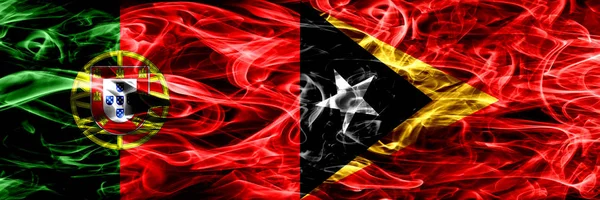 葡萄牙 东帝汶的烟雾旗并排放置 葡萄牙和东帝汶的浓色丝滑烟雾旗 — 图库照片