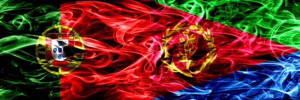 Португалия Эритрея Дымовые Флаги Помещены Бок Бок Толстые Шёлковые Дымовые — стоковое фото