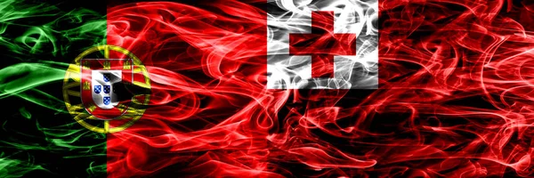 Portogallo Tonga Bandiere Fumogene Tongan Affiancate Bandiere Fumo Color Seta — Foto Stock