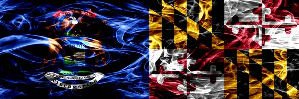 Michigan Maryland Drapeaux Fumée Concept Coloré Placés Côte Côte — Photo