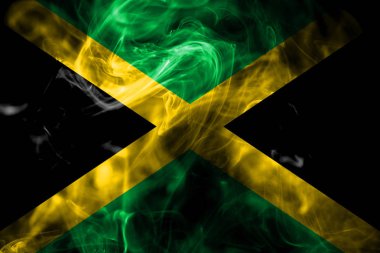 Jamaika ulusal bayrak renkli duman siyah arka plan üzerine izole yapılmış. Soyut ipeksi dalga arka plan.