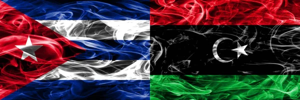Куба Кубинський Проти Лівія Лівійський Дим Прапори Розміщені Поруч Змішати — стокове фото