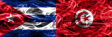 Küba, Küba vs Tunus, Tunus bayrakları yan yana yerleştirilmiş duman. Kavram ve fikir bayrakları mix