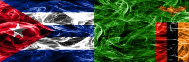 Küba, Küba vs Zambiya, Zambia bayrakları yan yana yerleştirilmiş duman. Kavram ve fikir bayrakları mix