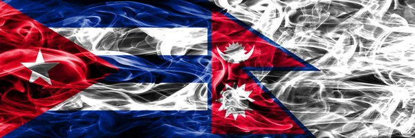 Куба Кубинський Проти Непал Непальська Дим Прапори Розміщені Поруч Змішати — стокове фото
