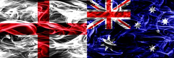 Inglaterra Australia Banderas Australianas Colocadas Una Lado Otra Banderas Humo — Foto de Stock