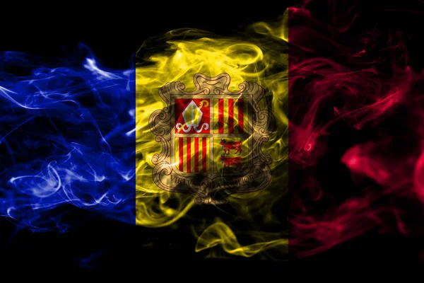 Nationale Vlag Van Andorra Gemaakt Van Gekleurde Rook Geïsoleerd Zwarte — Stockfoto