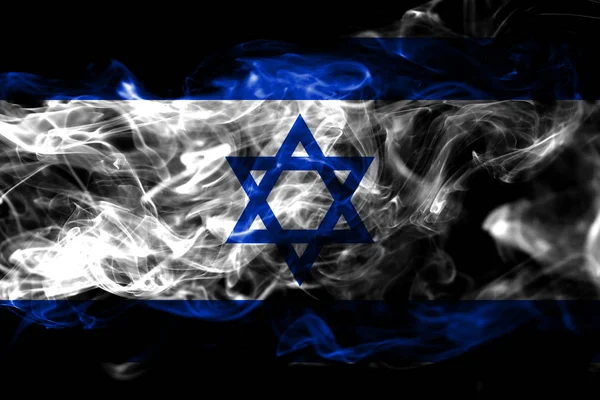 以色列国旗由黑色背景上的有色烟雾制成 抽象丝质波浪背景 — 图库照片