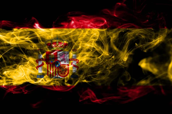 Spanien Flagga Tillverkad Färgad Rök Isolerad Svart Bakgrund Abstrakta Silkeslen — Stockfoto