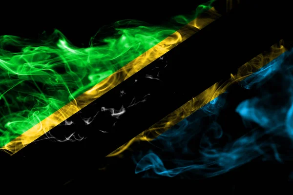 Flaga Tanzanii Wykonane Kolorowych Dymu Białym Czarnym Tle Jedwabiste Fale — Zdjęcie stockowe