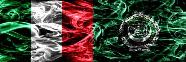 Italy vs Arab League smoke flags placed side by side. Thick abstract colored silky smoke flags