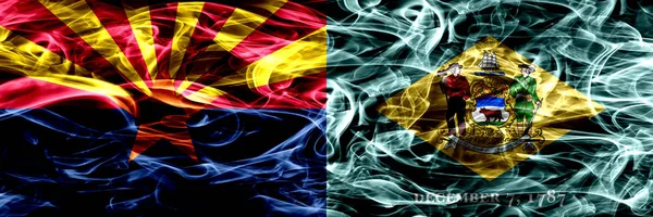 Arizona Delaware Colorful Concept Smoke Flags Placed Side Side — Stock Photo, Image