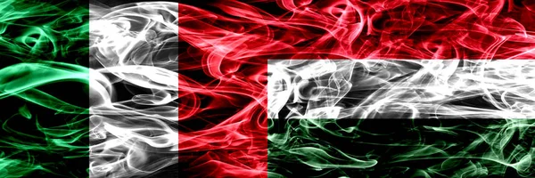 Italy Hungary Hungarian Smoke Flags Placed Side Side Thick Abstract — Stock Photo, Image