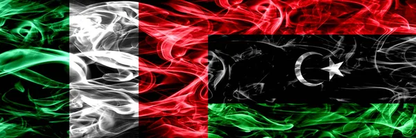 Italy Libya Libyan Smoke Flags Placed Side Side Thick Abstract — Stock Photo, Image