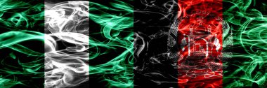 Nijerya, Nijerya vs Afganistan, Afganistan Afganisi bayrakları yan yana yerleştirilmiş duman. İpeksi duman bayrakları renkli kalın soyut
