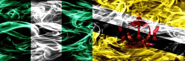 Nijerya, Nijerya vs Brunei, Brunei bayrakları yan yana yerleştirilmiş duman. İpeksi duman bayrakları renkli kalın soyut