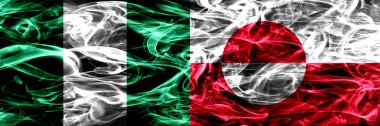 Nijerya, Nijerya vs Grönland bayrakları yan yana yerleştirilmiş duman. İpeksi duman bayrakları renkli kalın soyut