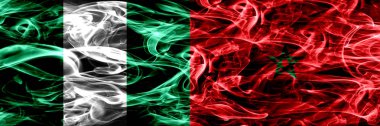 Nijerya, Nijerya vs Fas, Fas bayrakları yan yana yerleştirilmiş duman. İpeksi duman bayrakları renkli kalın soyut