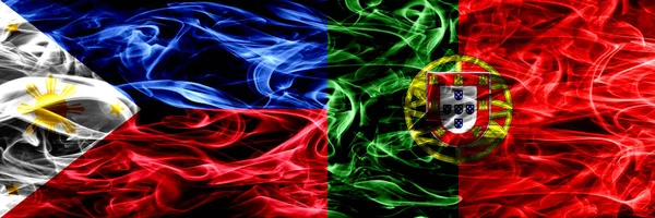 Філіппіни Проти Португалії Португальська Дим Прапори Розміщені Поруч Товсті Анотація — стокове фото