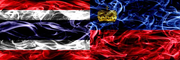 Таїланд Проти Ліхтенштейну Liechtensteins Палити Прапори Розміщені Поруч Товсті Анотація — стокове фото