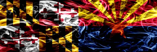 Меріленд Проти Арізони Барвисті Концепція Дим Прапори Розміщені Поруч — стокове фото