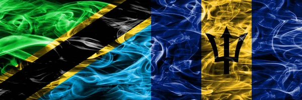 Танзанія Проти Барбадос Барбадосу Дим Прапори Розміщені Поруч Товста Кольорові — стокове фото