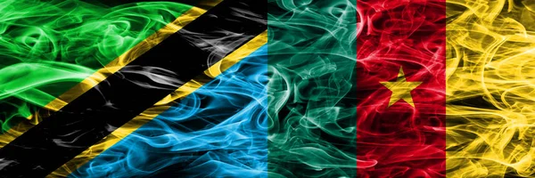 Tanzania Camerun Bandiere Fumogene Camerunesi Affiancate Bandiere Fumo Spesse Colorate — Foto Stock
