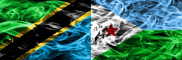 Τανζανία Τζιμπουτί Καπνίζουν Σημαίες Που Τοποθετούνται Δίπλα Δίπλα Χοντρό Χρωματιστό — Φωτογραφία Αρχείου