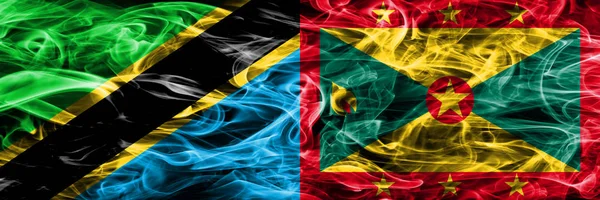 Танзанія Проти Гренада Дим Прапори Розміщені Поруч Товста Кольорові Шовковистою — стокове фото