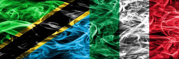 Танзания Против Италии Итальянские Дымовые Флаги Помещены Бок Бок Толстые — стоковое фото