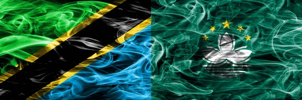 Tanzania Makau Pali Flagi Umieszczone Obok Siebie Grube Kolorowe Jedwabiste — Zdjęcie stockowe