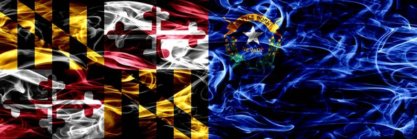 Bandeiras Fumaça Conceito Colorido Maryland Nevada Colocados Lado Lado — Fotografia de Stock