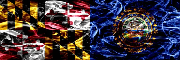 Bandeiras Fumaça Conceito Colorido Maryland New Hampshire Colocados Lado Lado — Fotografia de Stock