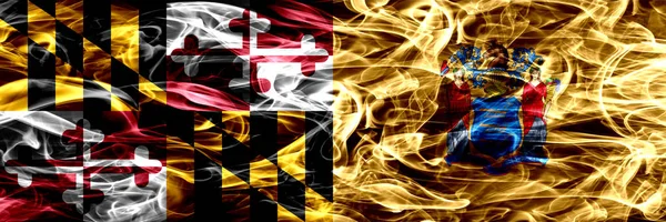 Maryland New Jersey Colorato Concetto Fumo Bandiere Poste Fianco Fianco — Foto Stock