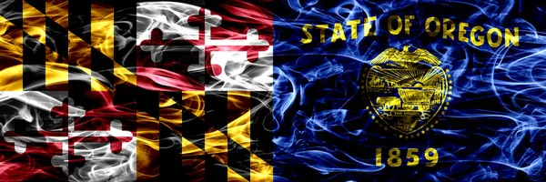 Мэриленд Против Орегона Красочная Концепция Дымовые Флаги Помещены Бок Бок — стоковое фото