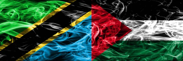 Tanzania Palestine Palestinian Smoke Flags Placed Side Side Thick Colored — Stock Photo, Image