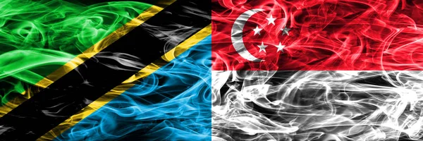 Tanzania Singapore Bandiere Fumogene Singaporiane Affiancate Bandiere Fumo Color Seta — Foto Stock