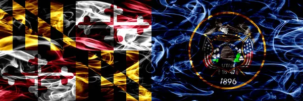 Maryland Γιούτα Σημαίες Πολύχρωμο Έννοια Καπνού Τοποθετούνται Δίπλα Δίπλα — Φωτογραφία Αρχείου