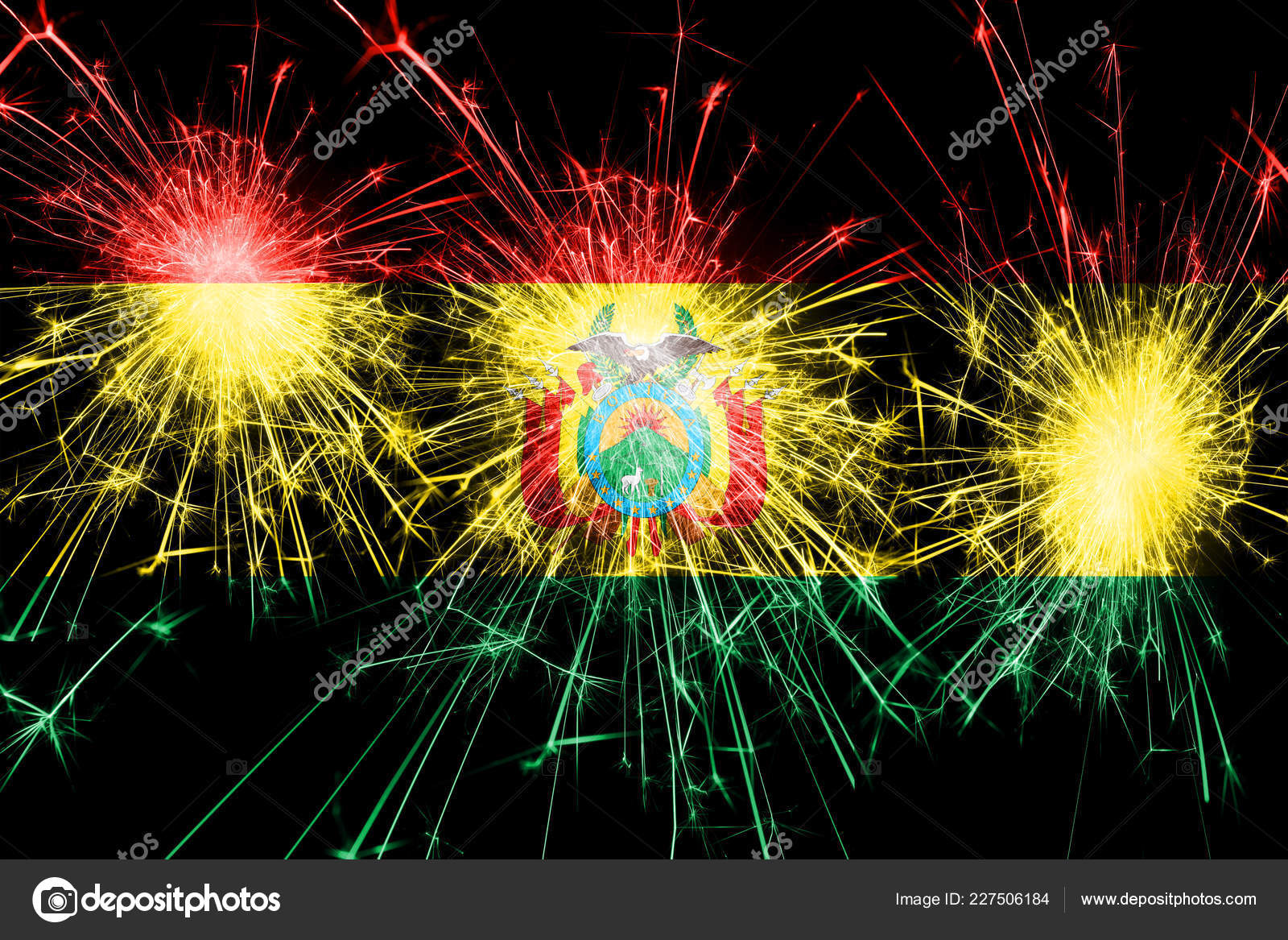 玻利维亚烟花飘扬的旗帜圣诞节和国庆节概念——图库图片© vladem #227506184