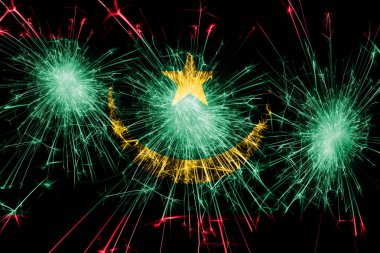 Moritanya havai fişek bayrak köpüklü. Yeni yıl, yılbaşı ve ulusal gün kavramı