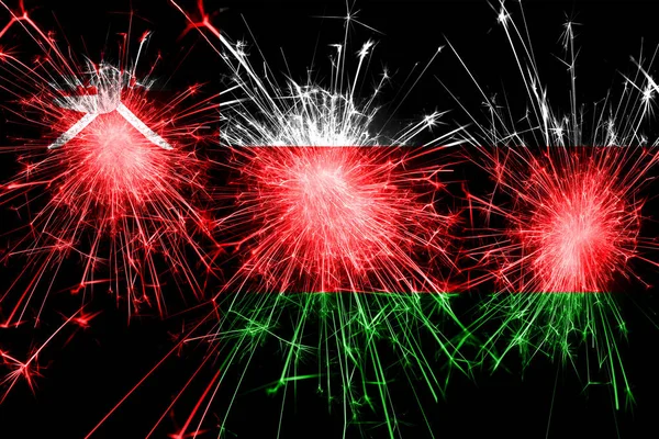 Fuochi Artificio Dell Oman Bandiera Scintillante Anno Nuovo Natale Concetto — Foto Stock