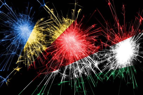 Seychellen Feuerwerk Funkelnden Flagge Neujahr Weihnachten Und Nationalfeiertag — Stockfoto