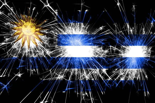 Uruguay fireworks sparkling flag. New Year, Christmas and National day concept