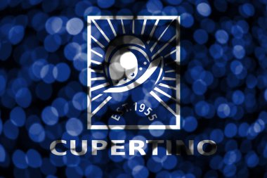 Cupertino, California soyut bulanık bokeh bayrak. Noel, yeni yıl ve ulusal gün kavramı bayrak. Amerika Birleşik Devletleri.