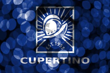 Cupertino, California soyut bulanık bokeh bayrak. Noel, yeni yıl ve ulusal gün kavramı bayrak. Amerika Birleşik Devletleri.