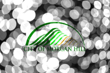 Morgan Hill, California soyut bulanık bokeh bayrak. Noel, yeni yıl ve ulusal gün kavramı bayrak. Amerika Birleşik Devletleri.