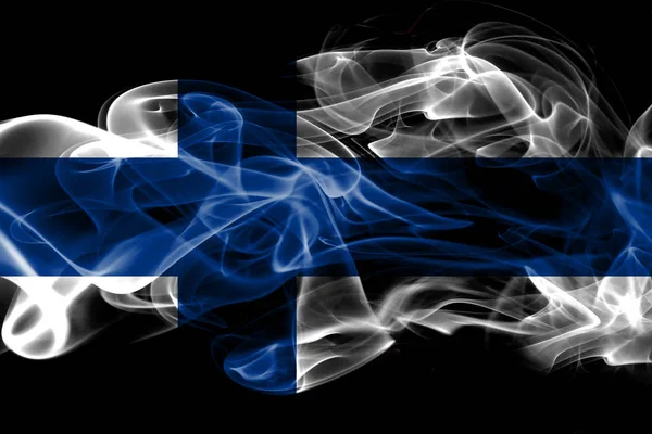 黒の背景に分離された色付きの煙から作られたフィンランドの国旗 — ストック写真