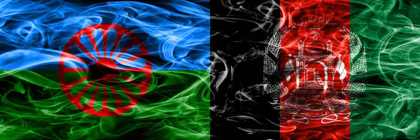 Gipsy Romerska Afghanistan Afghani Rök Flaggor Placeras Sida Vid Sida — Stockfoto