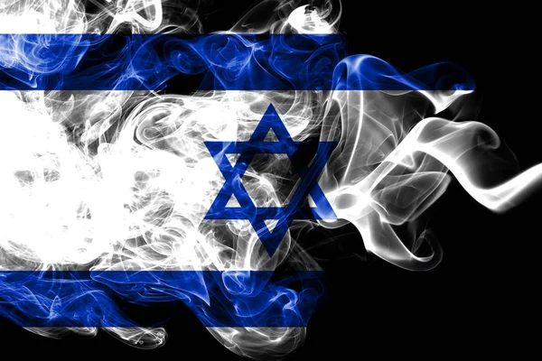 Bandera nacional de Israel hecha de humo de color aislado sobre fondo negro. Fondo de onda sedosa abstracto . — Foto de Stock